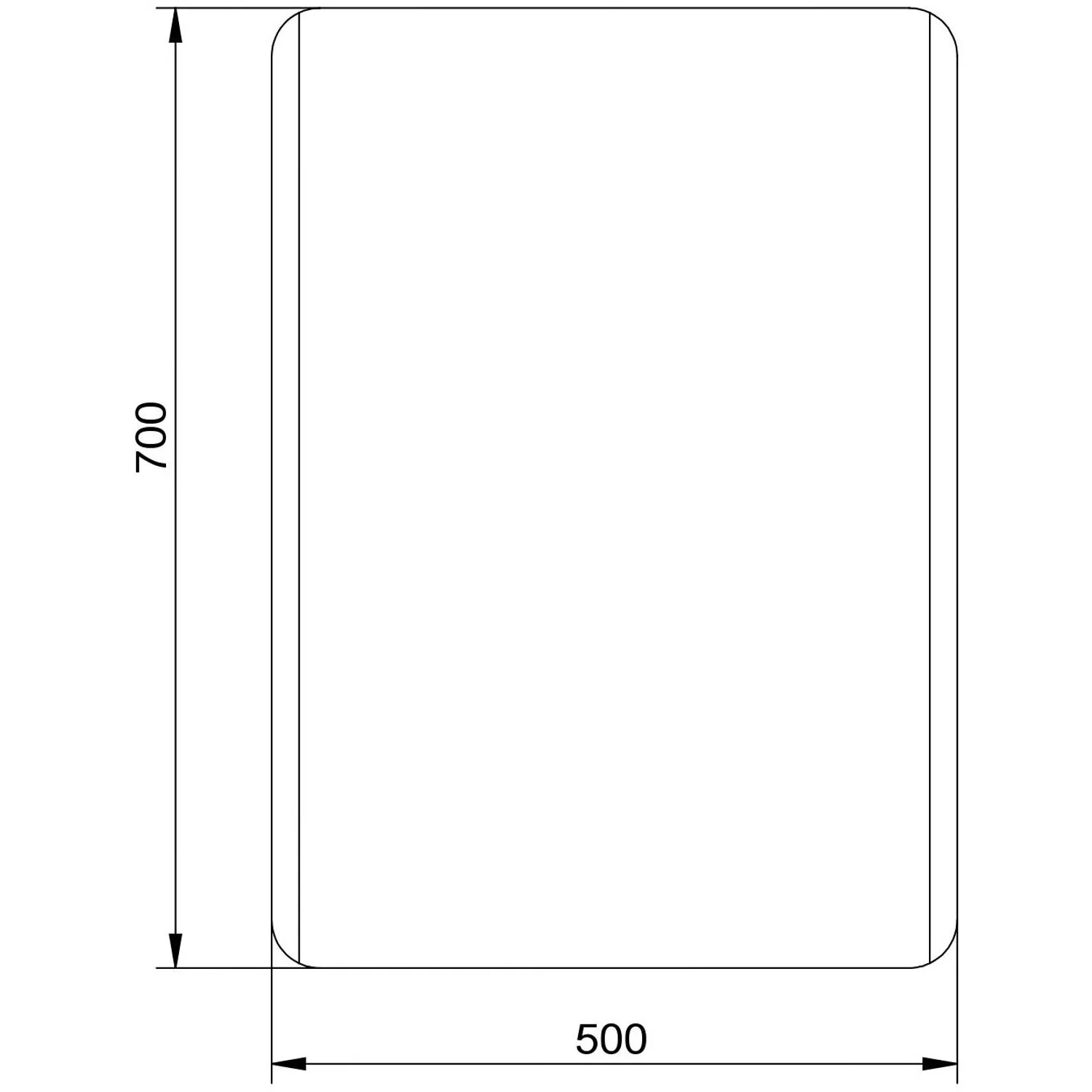 Technische Zeichnung: DSK Design LED-Lichtspiegel Chryst. Capelo, 50x70 cm, Badspiegel mit Maßen.