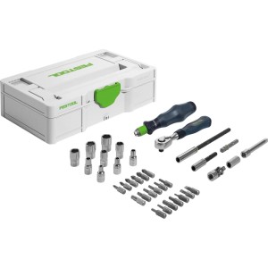 Festool 37-teiliges Ratschen Set SYS3 S 1/4 Zoll im Systainer mit Stecknüssen, Bits, Ratsche und Schraubendreher für Montage.