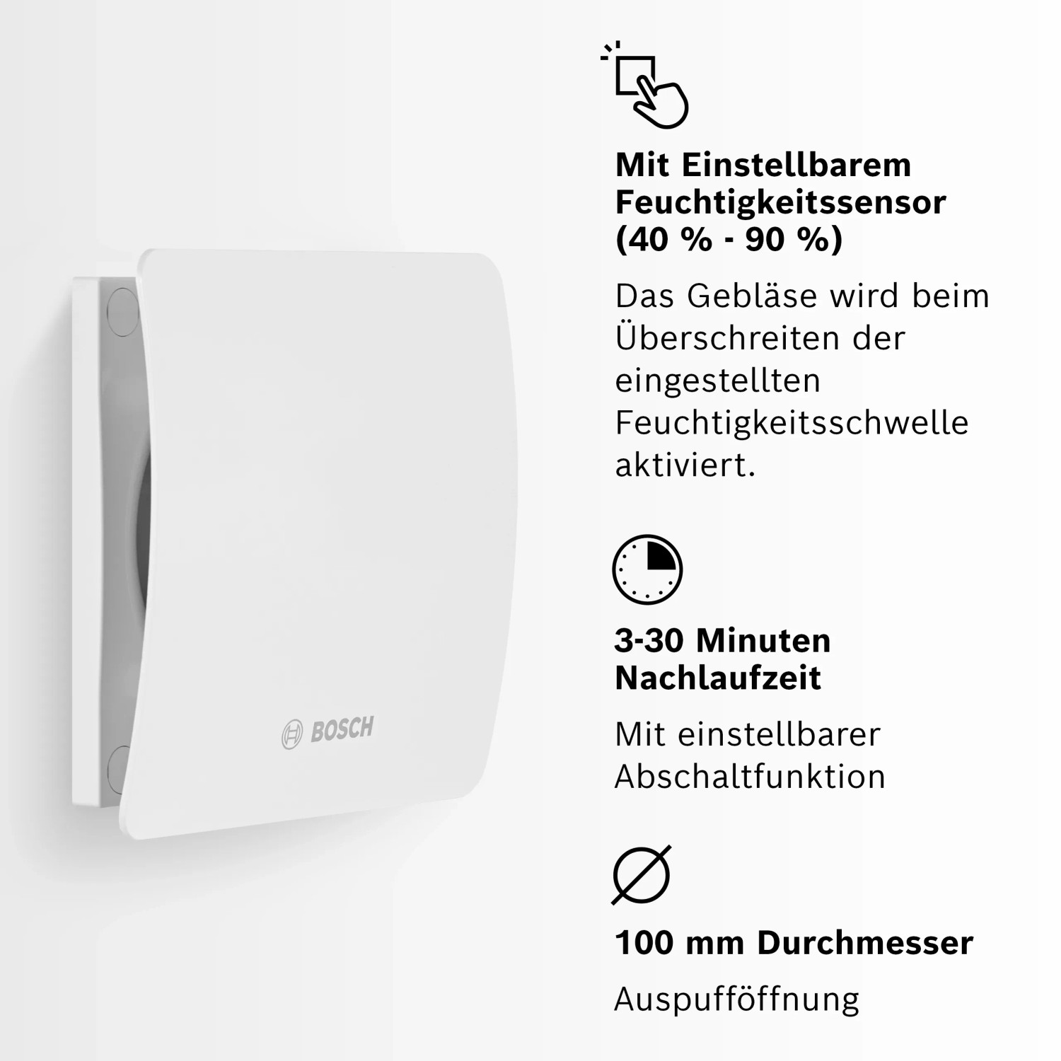 Weißer Bosch Badventilator Fan 1500 DH W 100 mit Feuchtesensor zur Wandmontage.