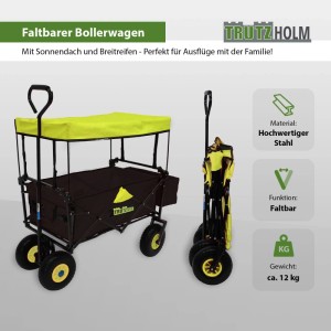 Schwarzer, faltbarer TRUTZHOLM Bollerwagen mit gelbem Sonnendach und Vollgummi Rädern.