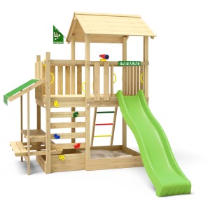 Jungle Gym Spielturm Plaza mit Rutsche, Picknickmodul und Sandkasten.