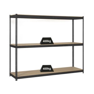 Anthrazitfarbenes PROREGAL Schwerlastregal Mid Wood Yeti mit drei Böden (150x150x45cm), Fachlast 400kg.