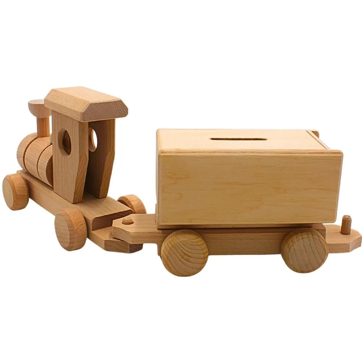 Dekohelden24 Dekorative Fahrbare Holz Spardose Sparbüchse Lokomotive Eisenbahnspardose mit Wagon aus Buchenholz zum Gestalten L/B/H 36 x 8 x 12 cm_4