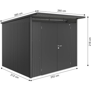 Biohort Metall-Gerätehaus AvantGarde A6, dunkelgrau-metallic, mit Doppeltür und Maßangaben.