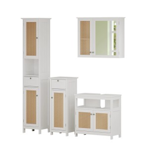 Vicco Badmöbel-Set Rosario, 4-teilig, weiß mit Rattangeflecht: Hochschrank, Spiegel, Waschbeckenunterschrank, Midischrank.