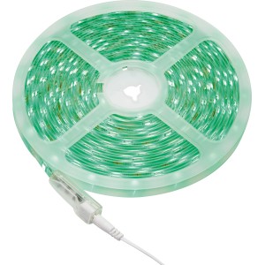 Aufgerolltes 10 m LED-Flexband RGB mit Fernbedienung, leuchtend grün.
