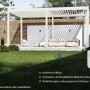 Freistehender, weißer Weide Pavillon aus Alu und Stahl, 3x5,3m, mit Lamellen und Lounge-Möbeln im Garten.