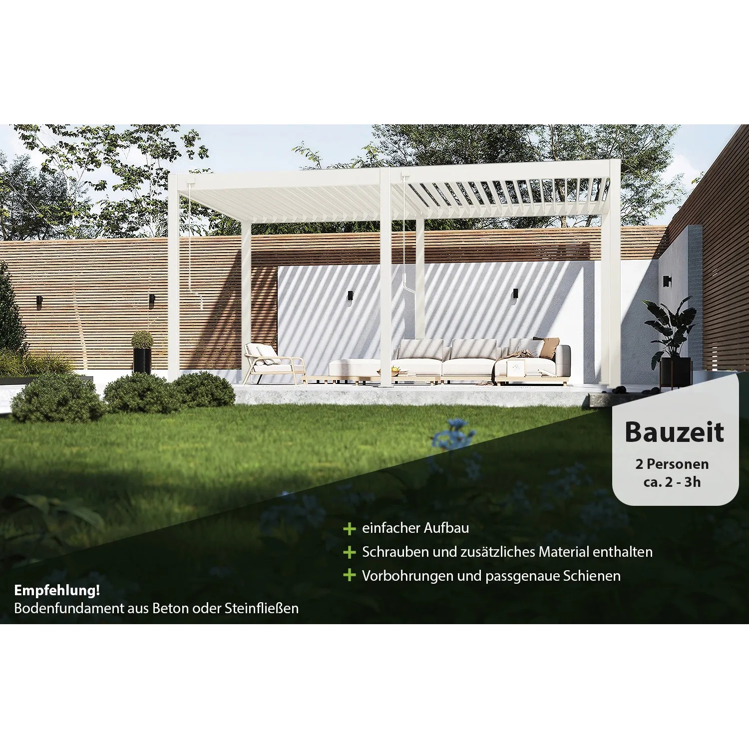 Freistehender, weißer Weide Pavillon aus Alu und Stahl, 3x5,3m, mit Lamellen und Lounge-Möbeln im Garten.
