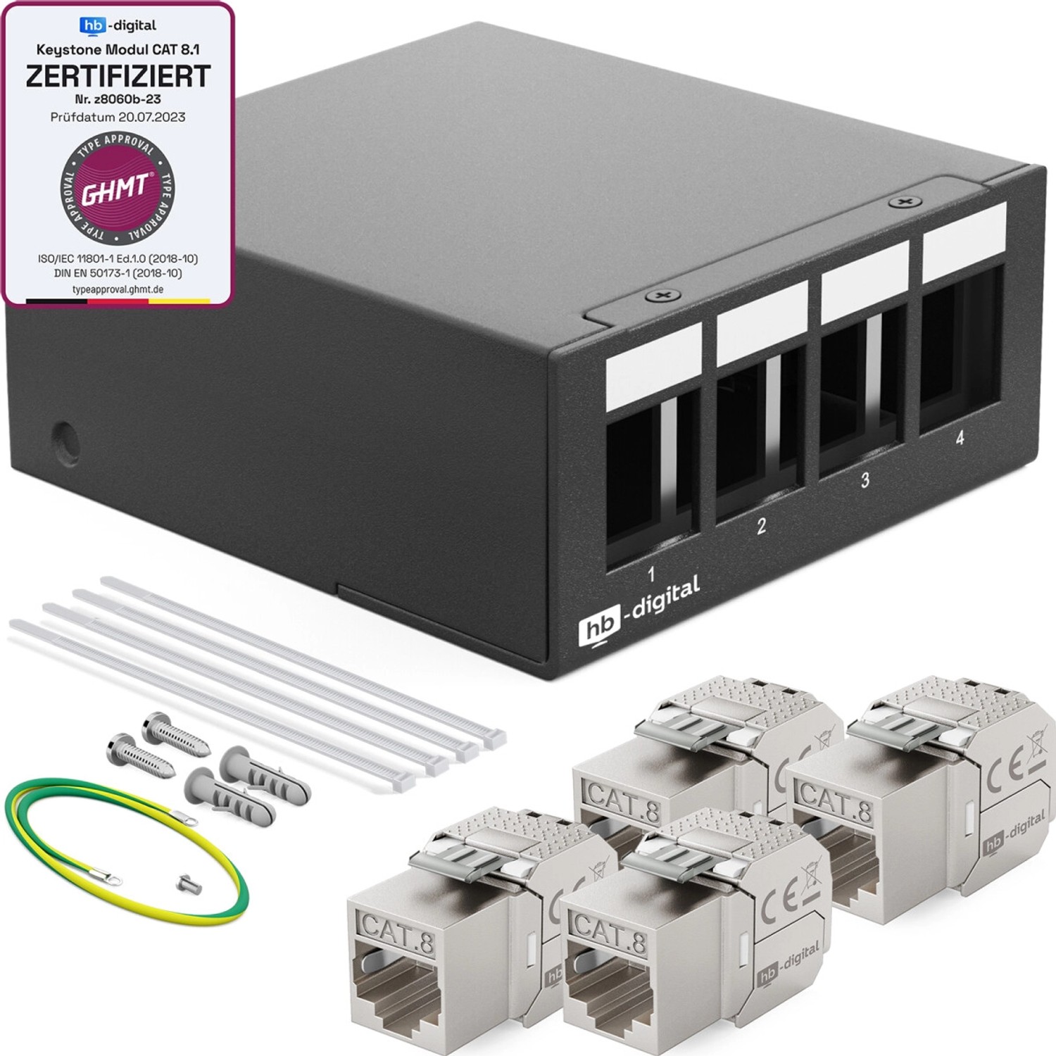 hb-digital Patchpanel 4 Port mit 4x Keystone Module Cat 8 Schwarz