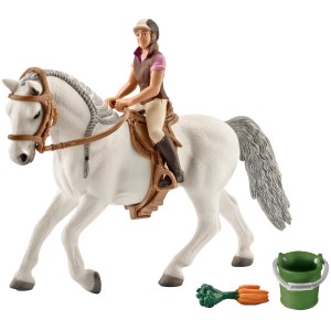 Schleich Reiterin mit Lipizzaner Stute Spielzeugfigur mit Reiterin, Pferd, Karotten und Eimer.