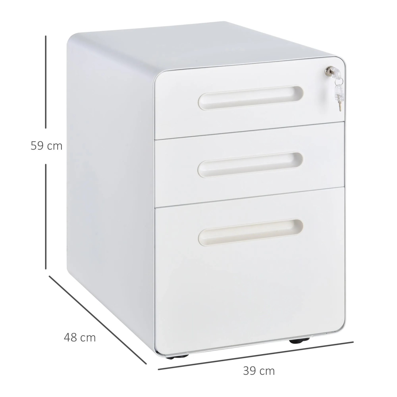 Weißer Vinsetto Rollcontainer mit 3 Schubladen, abschließbar, mobil. Maße: 39x48x59 cm. Perfekt für Büro & Aufbewahrung.