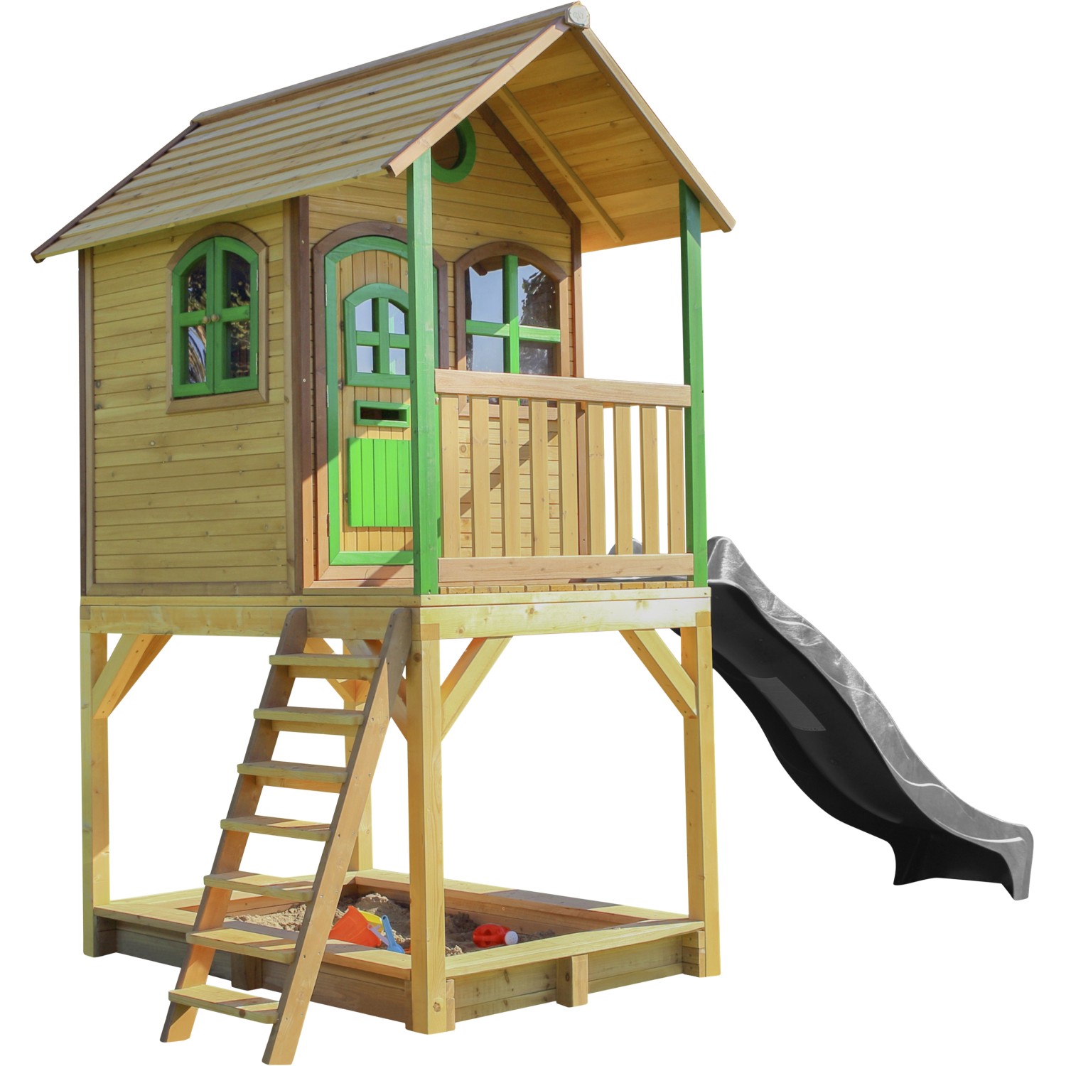 Axi Sarah Spielhaus aus Holz mit Rutsche, Leiter und Sandkasten in Braun, Grün und Grau.