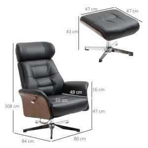 Schwarzer HOMCOM Relaxsessel aus Kunstleder mit Hocker, drehbar und verstellbar. Komfortabler Loungesessel.