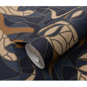 Erismann Vliestapete Elle Decoration 4 Moretta Blau mit abstraktem Muster in Blau- und Beigetönen.