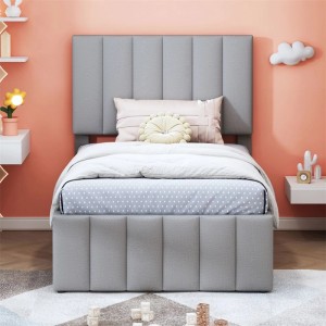 Graues Polsterbett 90x200cm mit gepolstertem Kopfteil und Liniendesign. Verfügt über Ausziehbett und Schubladen. Ideal als Einzel- oder Gästebett.