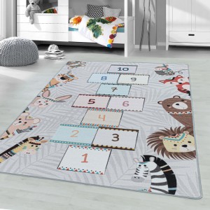 Grauer Ayyildiz Kinderteppich Play mit Hüpfkästchen und Tiermotiven, 120x170 cm.