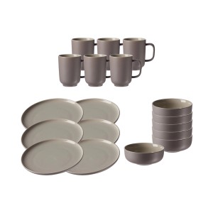 Ritzenhoff & Breker Jasper Frühstücks-Set, 18-teilig, Taupe: Kaffeebecher, Schalen und Teller.