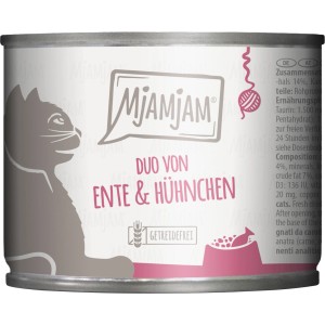 MjAMjAM Katzen-Nassfutter Duo Ente & Hühnchen, 200g Dose mit Katzenmotiv.