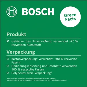 Infografik zu Bosch UniversalTemp Infrarot-Thermometer: Gehäuse mit >75% Rezyklat, Karton mit >90% Rezyklatfasern.