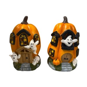 Zwei Boltze Ghostie Deko-Aufsteller: orange Kürbishäuser mit Geistern, Totenköpfen. Handbemalte Halloween-Figuren.