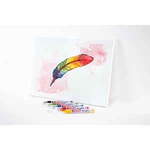 Edding 5100 Acrylmarker Set mit Leinwand und Feder-Illustration in Regenbogenfarben.