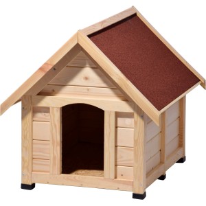 Große, naturbelassene Kiefernholz Hundehütte mit rotem Bitumen-Spitzdach.