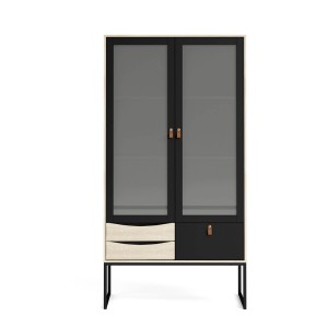 Schwarzer Vitrinenschrank mit Glastüren, Eiche Dekor und Schubladen.