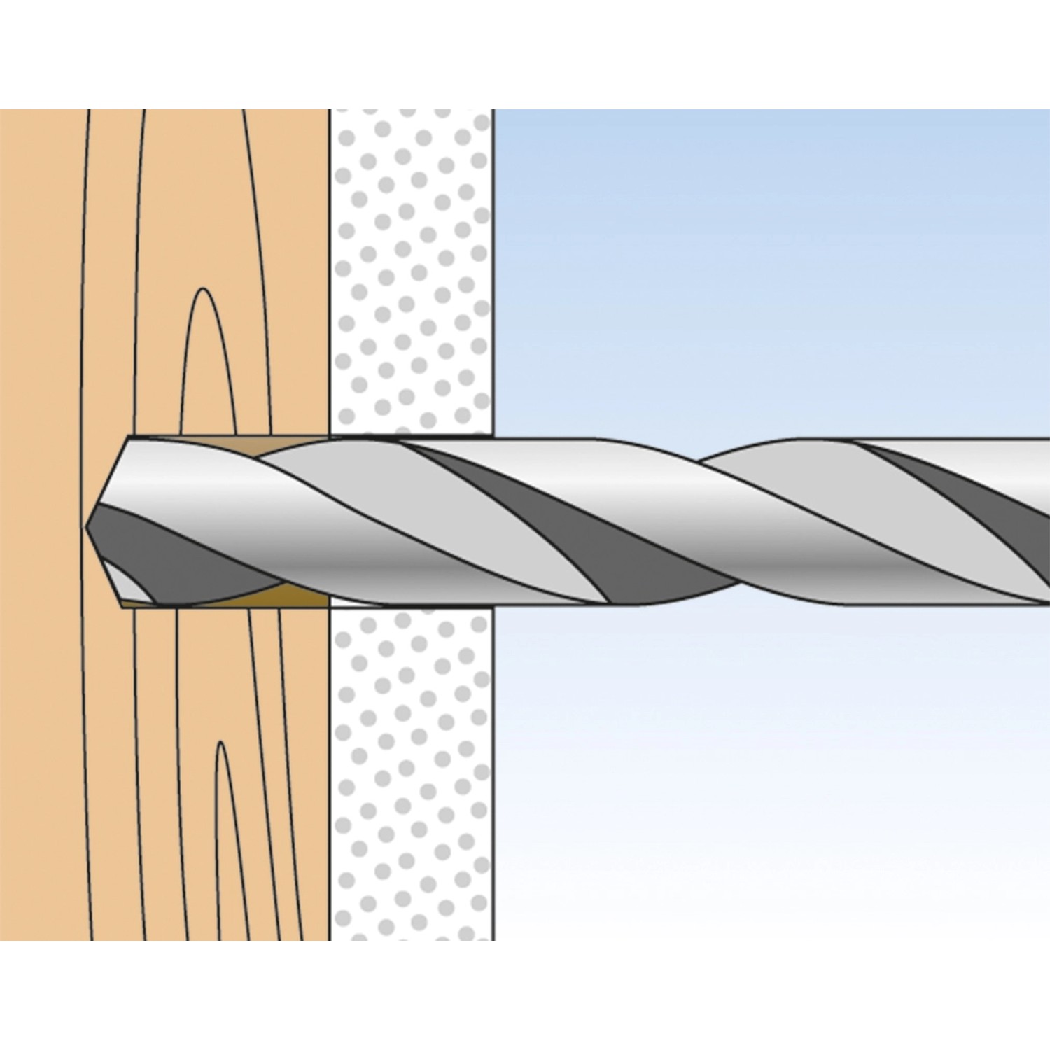 Illustration: Fischer Duotec Kippdübel 10 S mit Schraube in Wand und Holz.