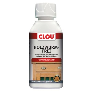 Clou Holzwurm-Frei 150ml, farbloses Holzschutzmittel gegen Holzwürmer und Insektenbefall.