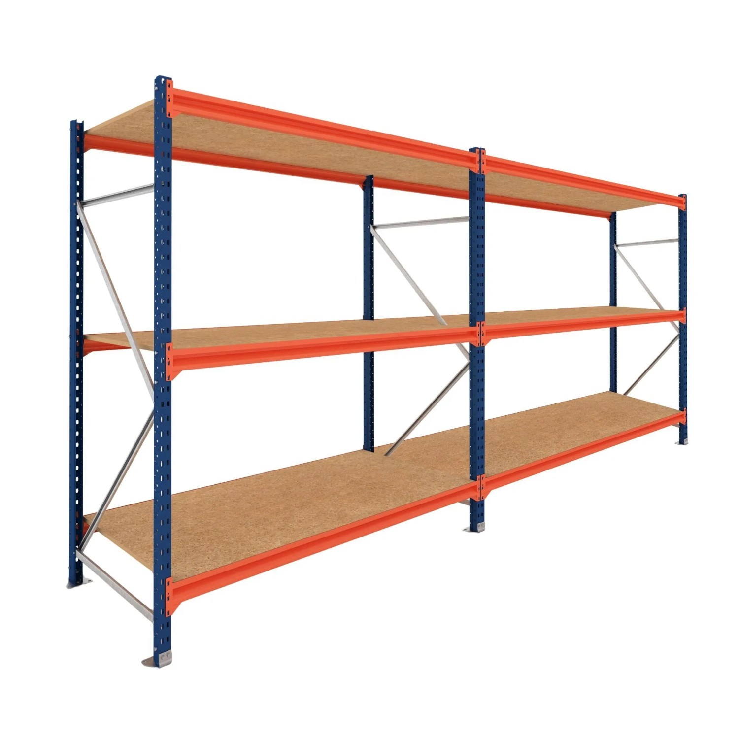PROREGAL Weitspannregal Schwerlastregal DOMINUS Komplettregal 2 Felder 200x390x80cm 3 Ebenen Spanplatten-Fachboden Fachlast 350 kg Blau/Orange