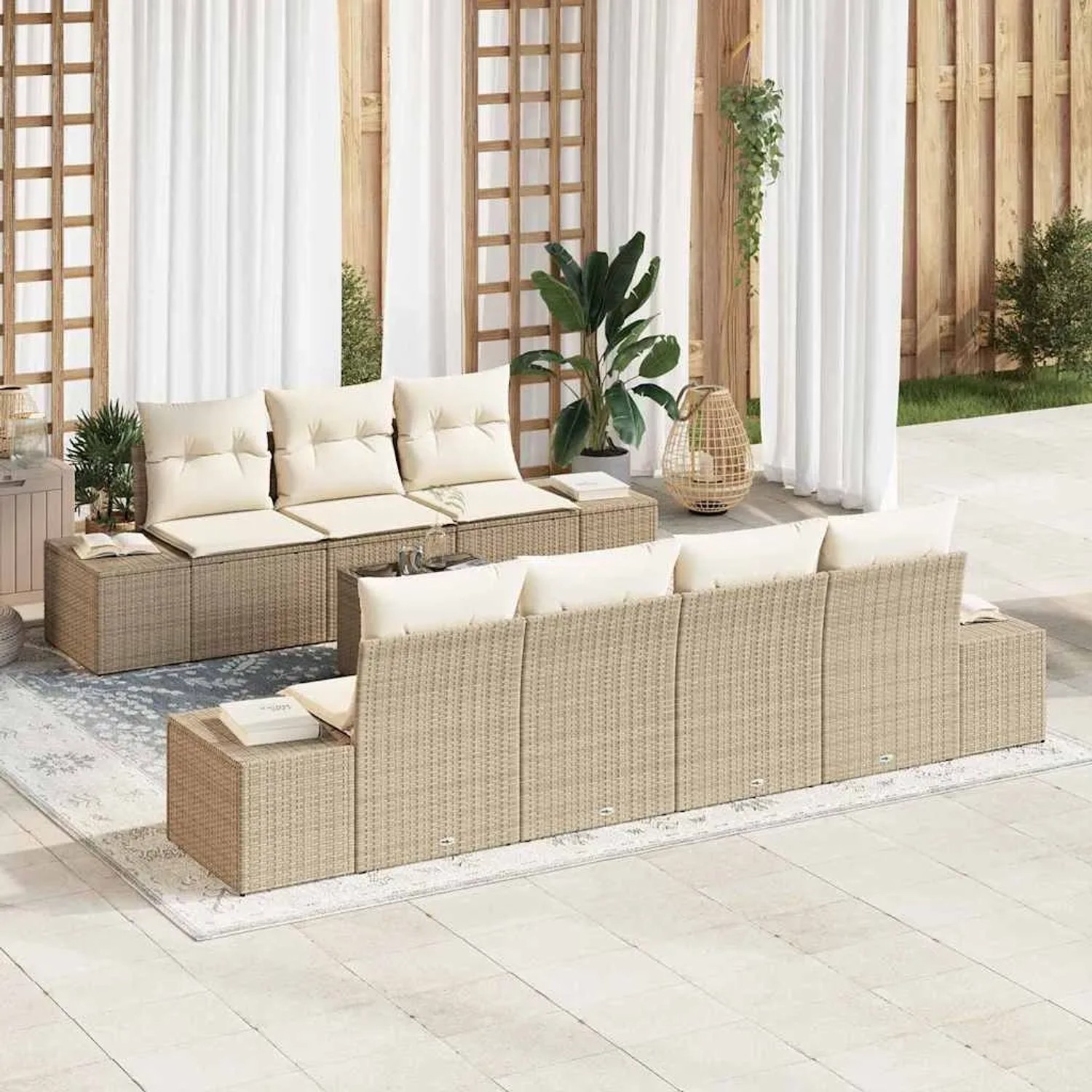 Beiges 8-teiliges Garten-Sofa-Set aus Poly Rattan von vidaXL für Terrasse und Garten.