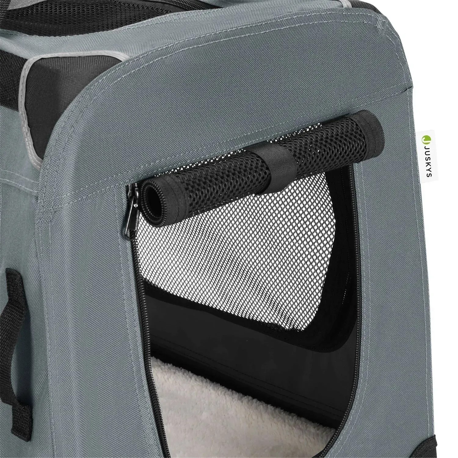 Detailansicht: Graue Juskys Hundetransportbox Lassie L mit Netzfenster und Tragegriff.