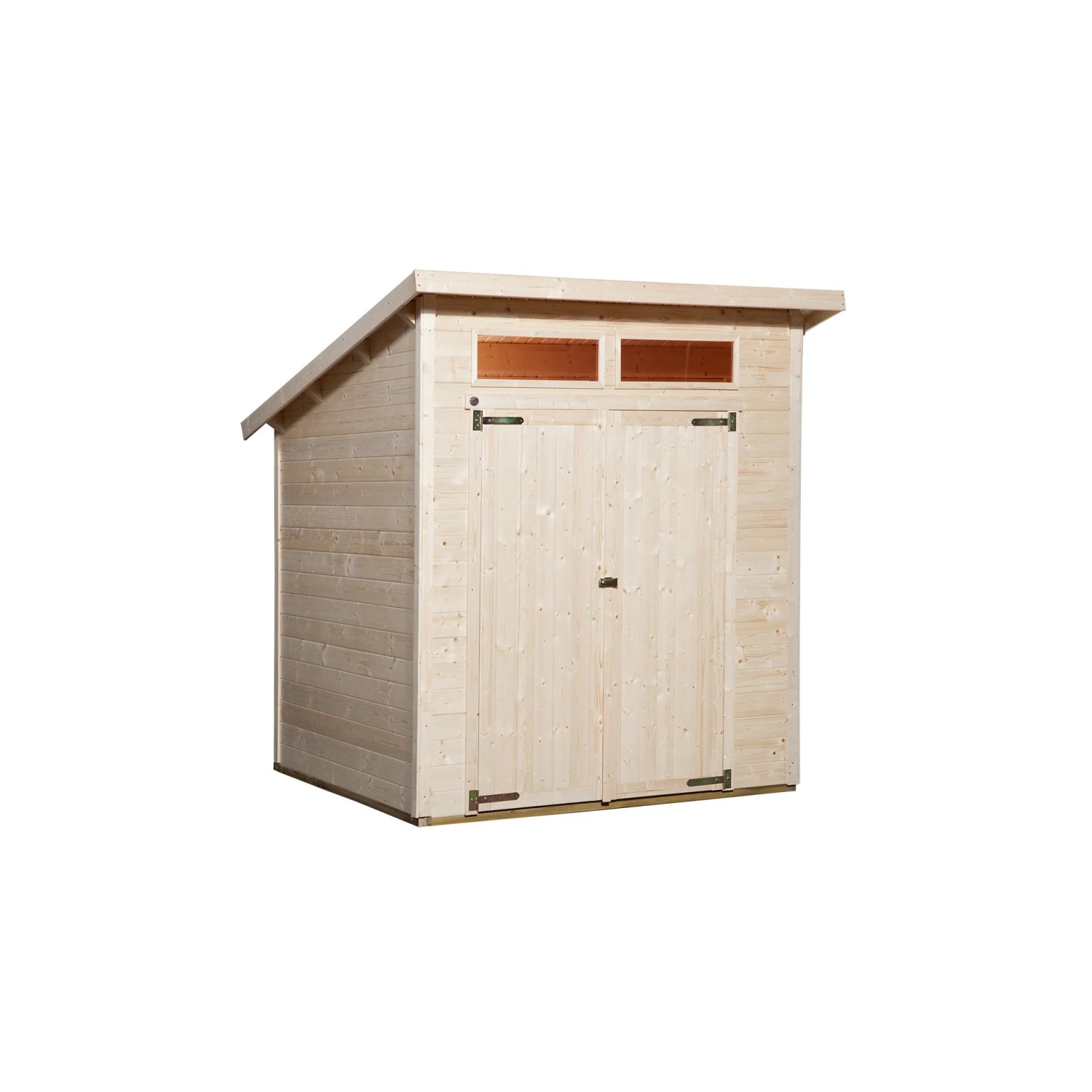 Unbehandeltes Weka Holz-Gartenhaus Triest mit Pultdach, 198x237 cm. Gartenhaus mit Doppeltür und zwei Fenstern.