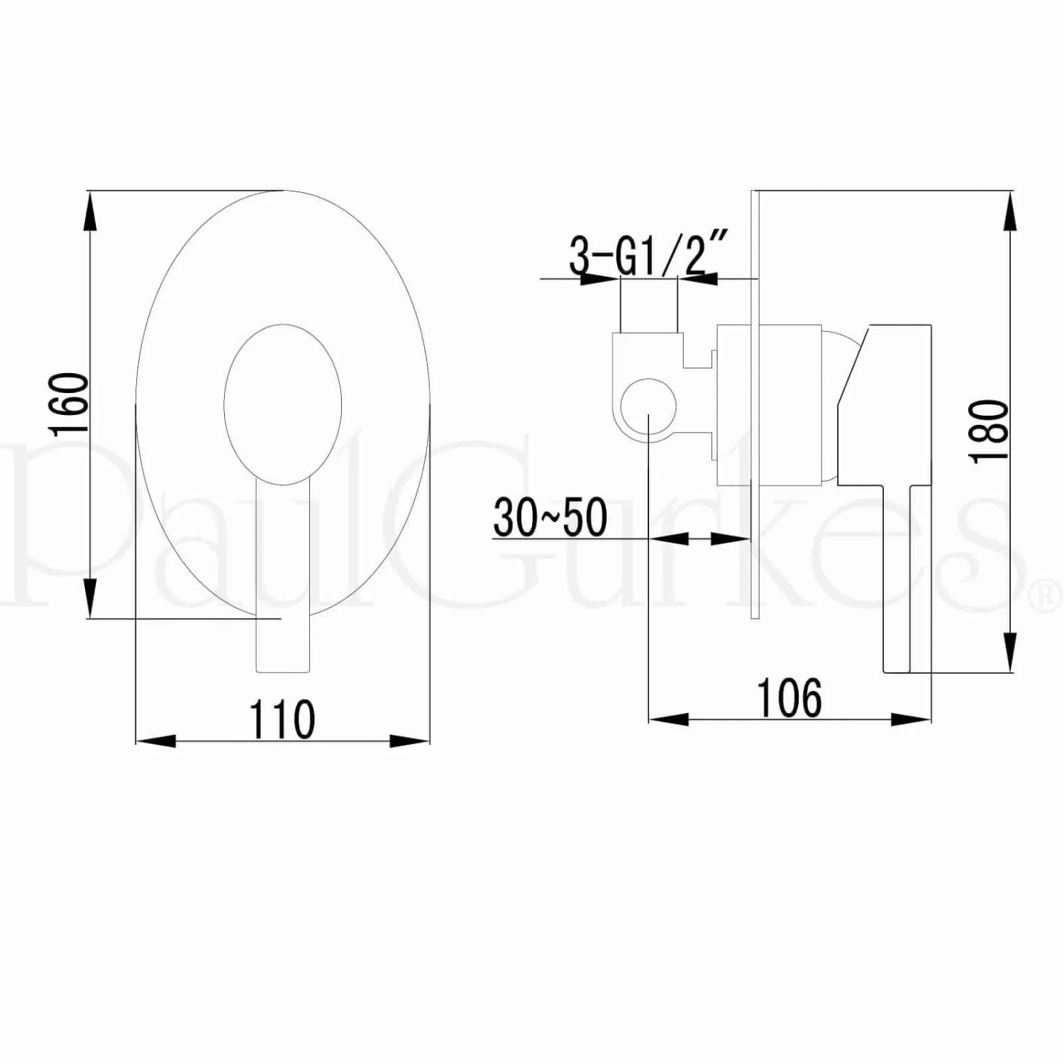 Technische Zeichnung PaulGurkes Waschtischarmatur, ovaler Einhandmischer Unterputz, mit Installationsmaßen.