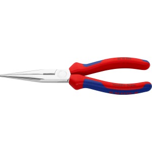 Knipex Flachrundzange, verchromt, 200mm, mit rot-blauen Griffen und Schneide.