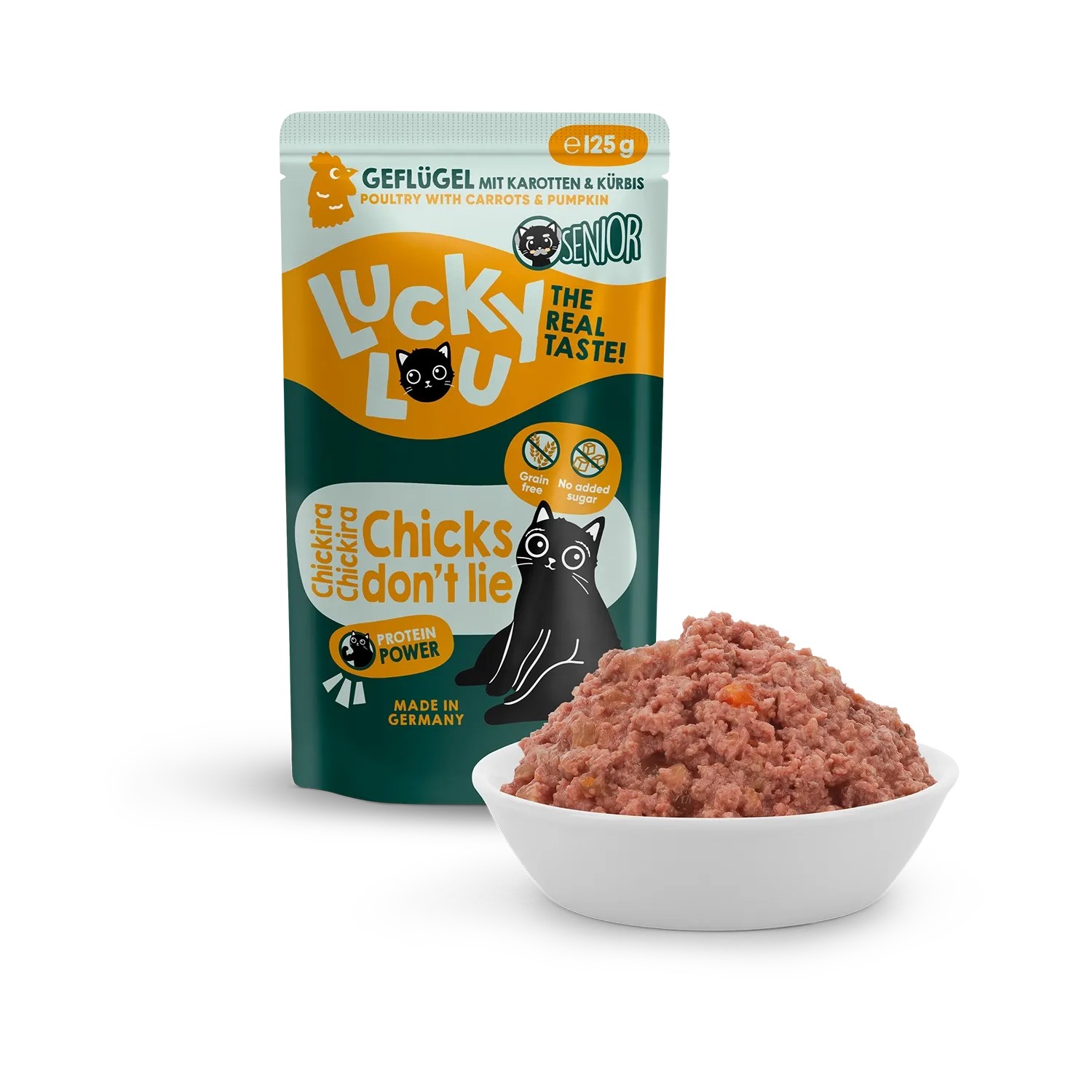Lucky Lou Katzen-Nassfutter Senior Geflügel, 125g Packung und Schale mit Futter.
