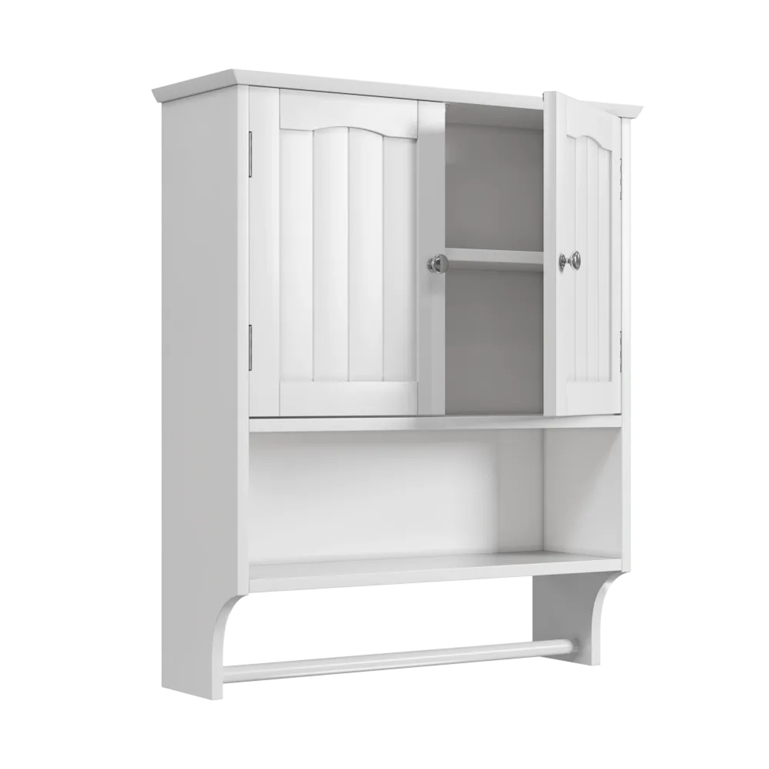 PXloue Badezimmerschrank Wandschrank Weiß mit Handtuchhalter Wandregal mit 2 Türen  Fächern MDF  Böden