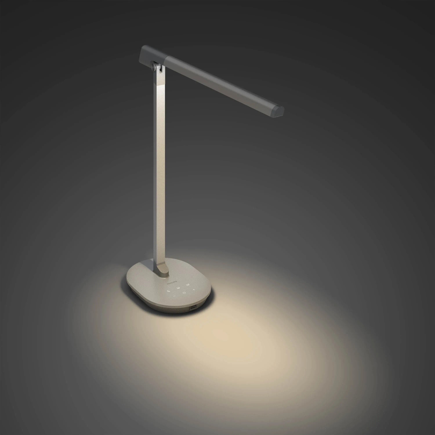 Dunkelgraue Philips LED-Tischleuchte Sword mit USB-Ladefunktion und variablem Licht.