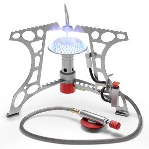 Kompakter Evocamp Mini-Gaskocher 3.2 kW für Camping und Outdoor mit Flamme.