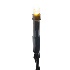 LED-Lichterkette mit warmweißem Licht und grünem Kabel für Außen, Detailaufnahme.