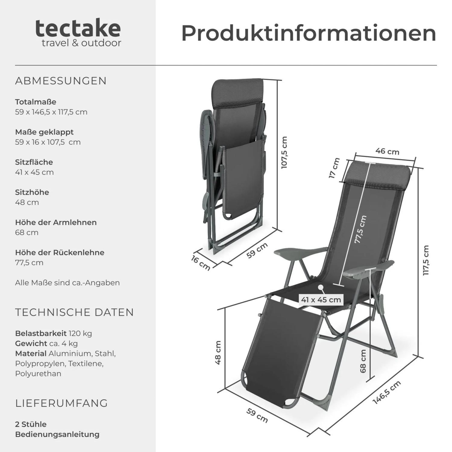 Zwei klappbare Aluminium Gartenstühle in Anthrazit, einer gefaltet, einer ausgeklappt mit verstellbarer Lehne und Fußteil.