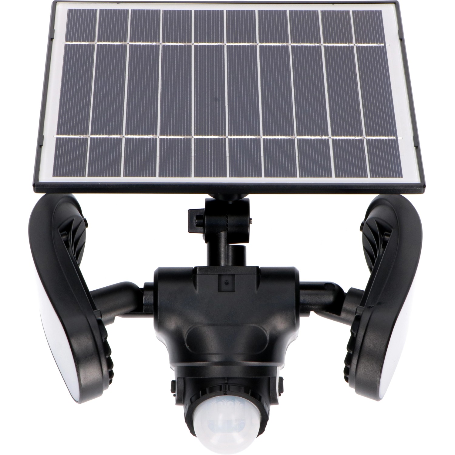 Schwarze LED-Solar-Außenleuchte Botshabelo mit Sensor und Solarpanel. Wandleuchte für den Außenbereich.