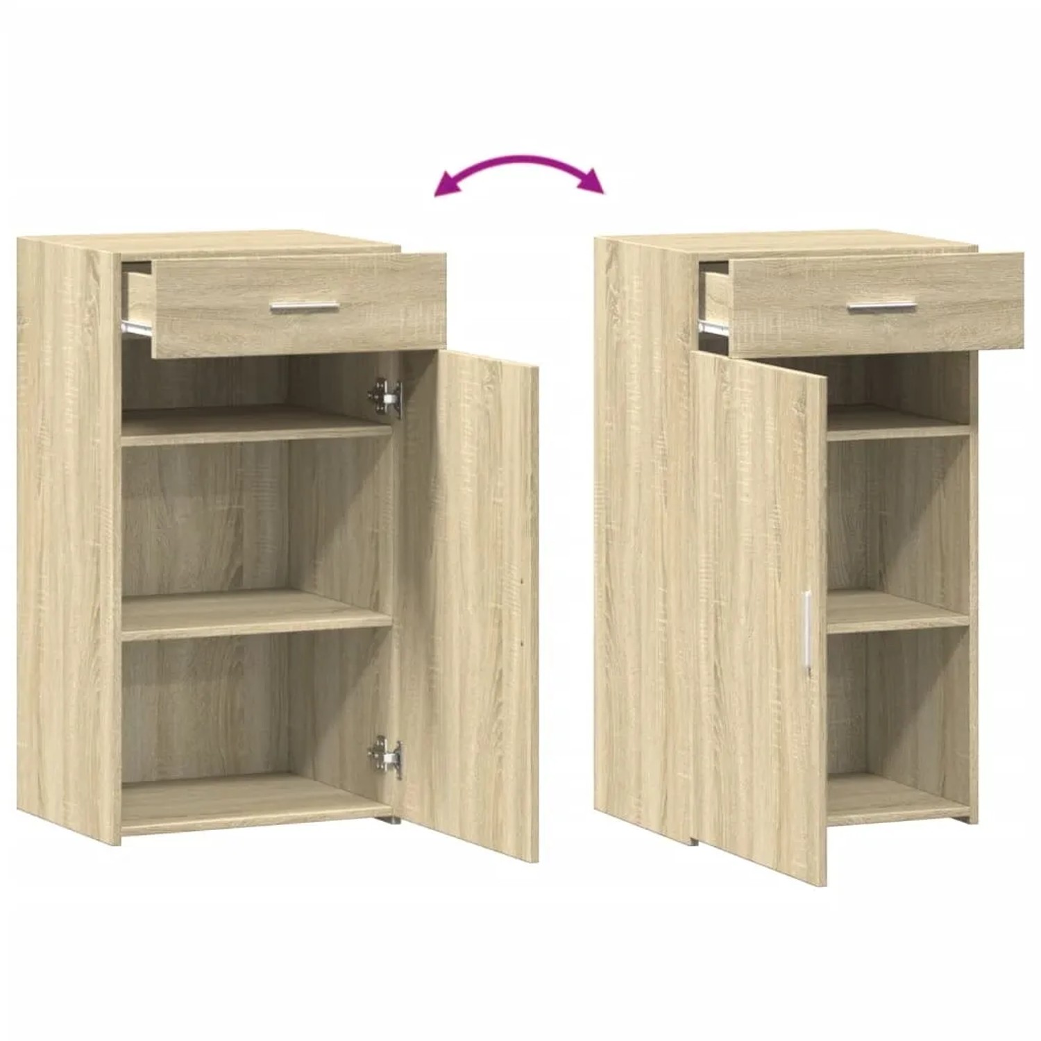 Sideboard Sonoma-Eiche aus Holzwerkstoff mit Schublade und Schranktür, die beidseitig montierbar ist.