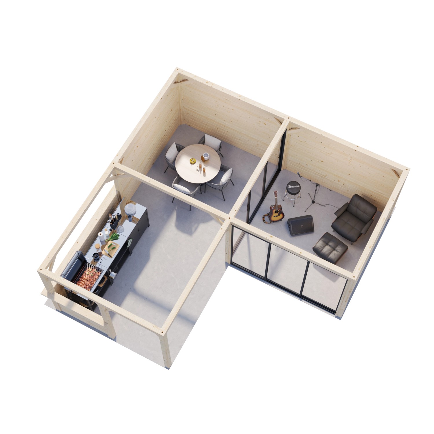 Palmako Pavillon Bianca Set 209: Weiß lackiertes Weekendhaus mit Schiebetüren und Eck-Tresenanlage.