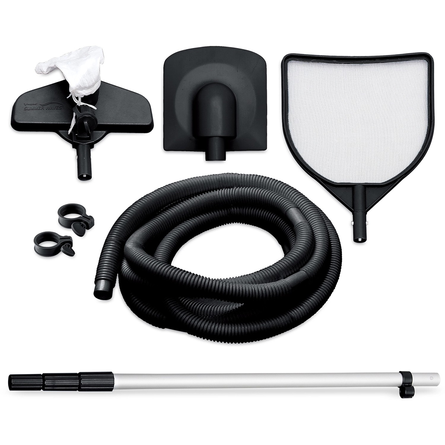 Summer Waves Deluxe Reinigungsset für Stahlrahmen Pool: Kescher, Bürste, Schlauch und Teleskopstange.