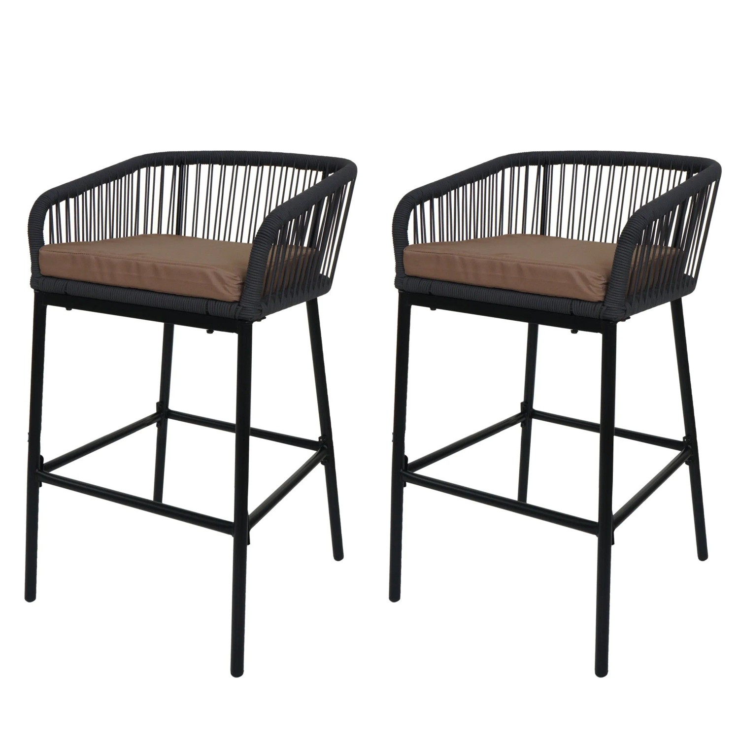 Proregal 2er-Set Rope-Barhocker HxBxT 92x51x53 cm Sitzhöhe 76cm Outdoor Sitzpolster Seilgeflecht Metall Anthrazit Kissen Taupe Tresenhocker