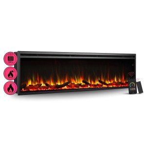 Schwarzer BALDERIA Elektrokamin AT-72 mit 3D-Flammeneffekt, App-Steuerung und Fernbedienung.