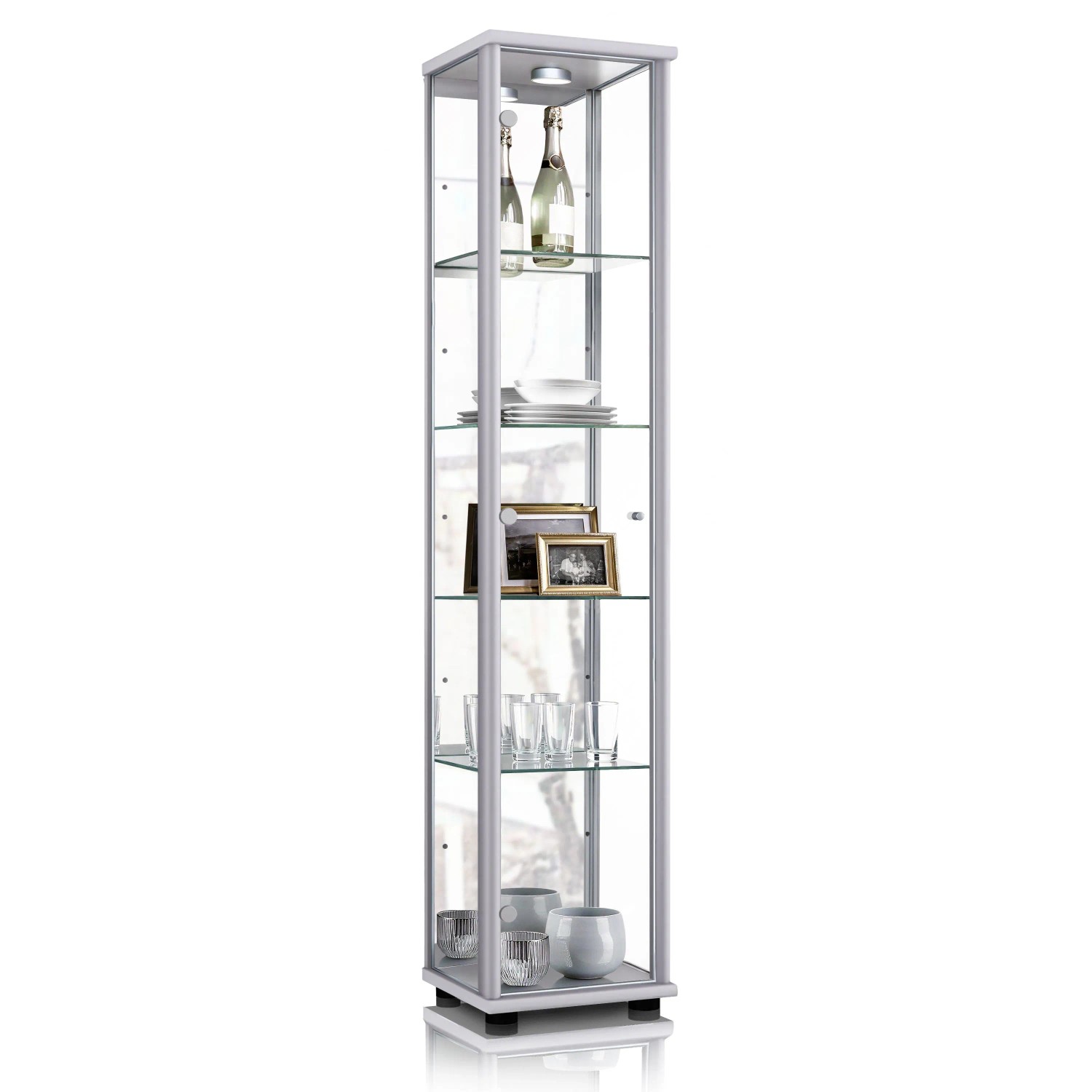 K-Möbel Glasvitrine Stehend 176x37x33 cm mit Spiegel LED & 4 Höhenverstellbaren Glasböden Silber