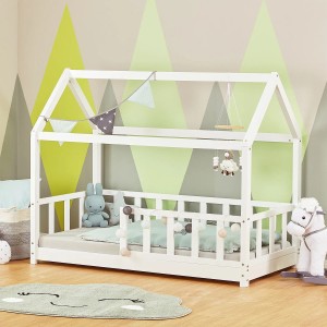 Weißes Homestyle4u Hausbett 80x160 mit Lattenrost und Rausfallschutz. Kinderbett im Hausdesign.