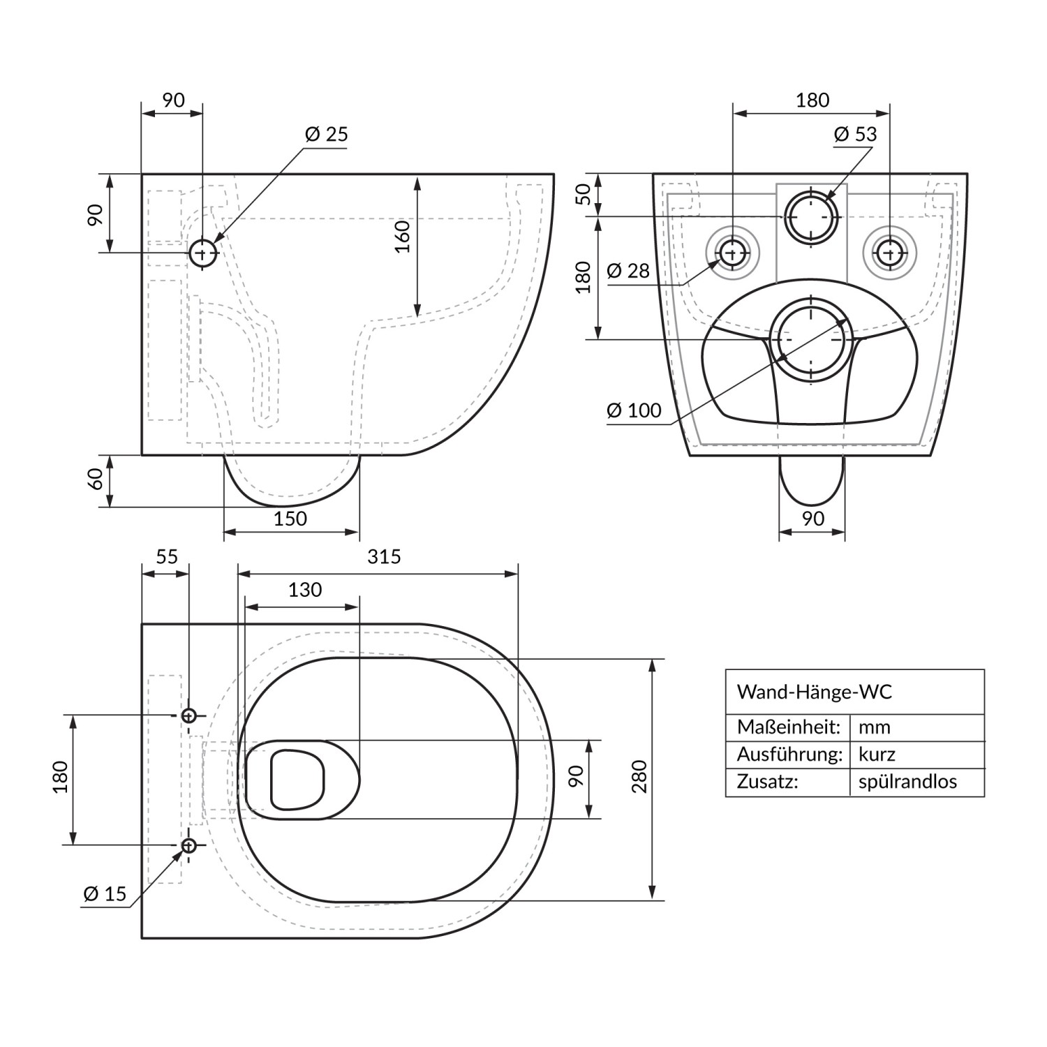 Technische Zeichnung: Spülrandloses Hänge-WC mit Nano-Beschichtung, kurze Ausladung (49cm), Maße in mm.